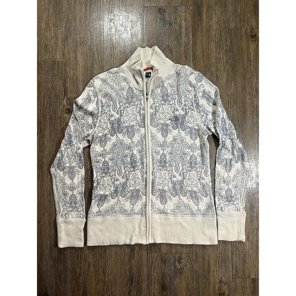 The North Face Jacket Women's Large White Geometric Full Zip Wool Blend Warm EUC